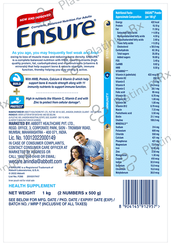 Ensure Rx Samples Ensure Chocolate Flavour Powder Refill 1kg: View Uses, Side Effects ...
