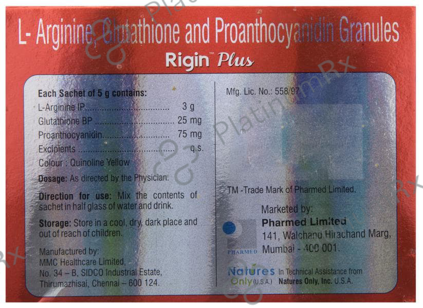 l arginine glutathione and proanthocyanidin granules Rigin Plus Sugar Free Lemon Granules 5gm: View Uses, Side Effects, Price  and Substitute